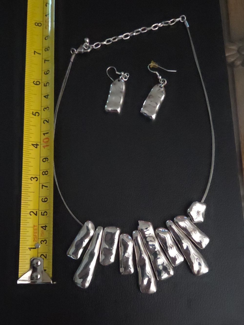Silver Hammered Statement Necklace & Earrings Set